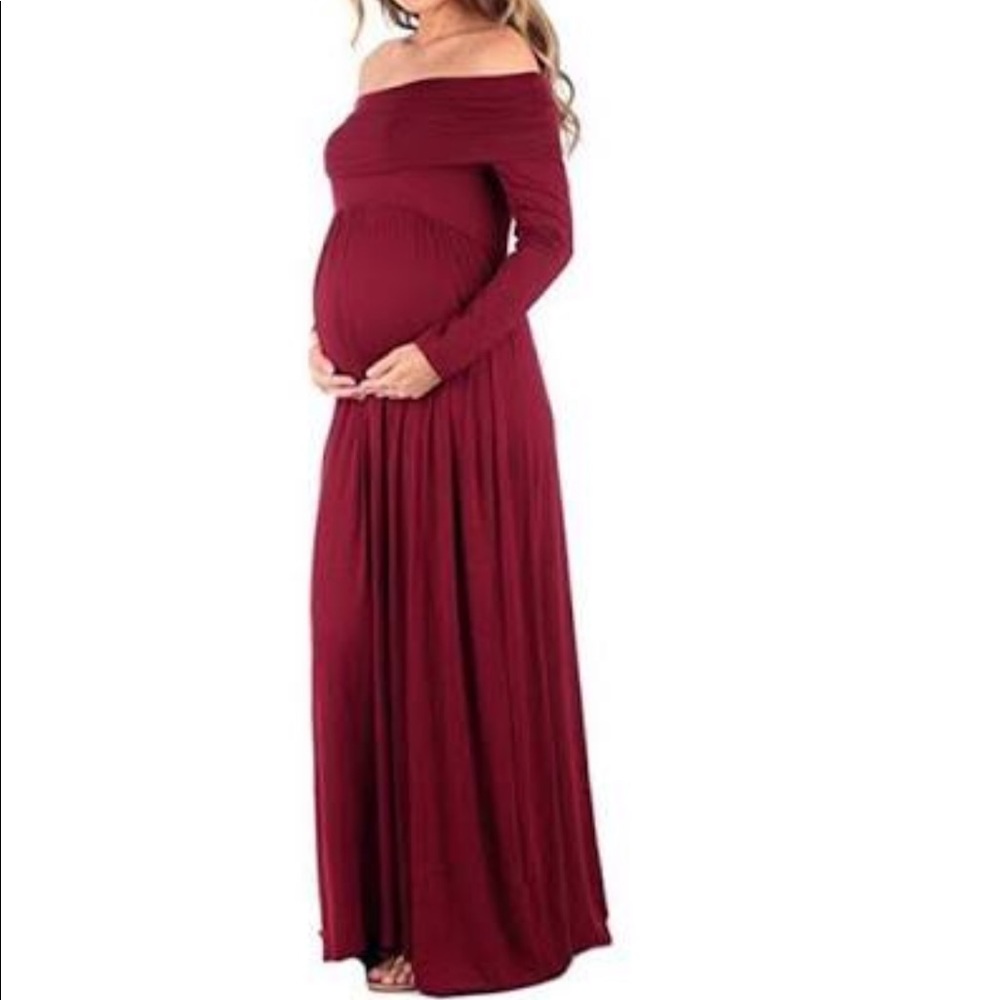Burgundy maternity long off the shoulder dress